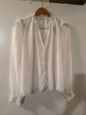 Wilfred White Sheer Ruffle-Neck Button Blouse
